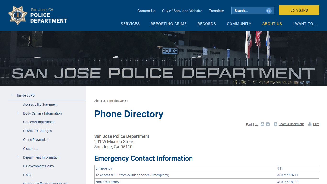 Phone Directory | San Jose Police Department, CA